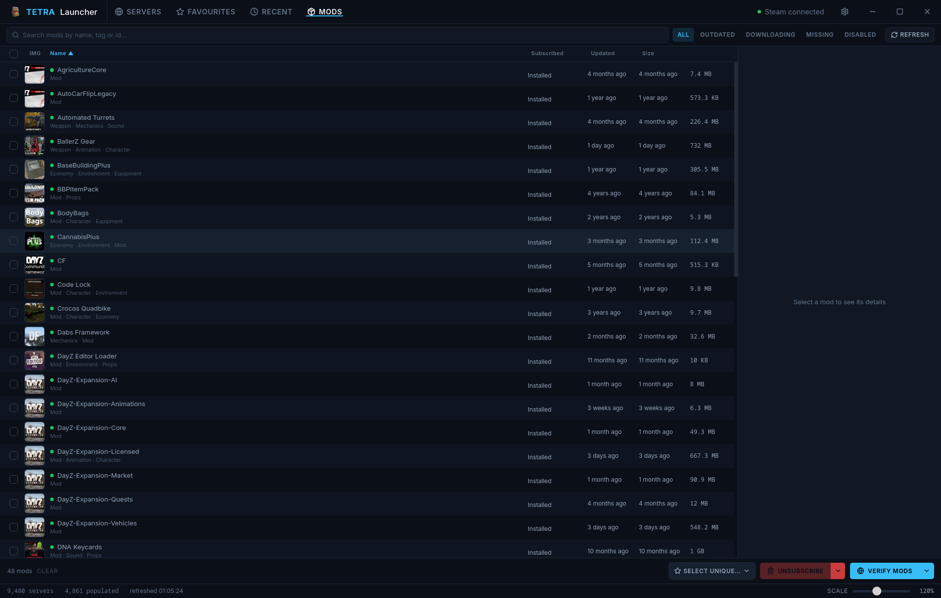 Tetra Launcher's Mods tab, listing subscribed Workshop mods with their install size and last-updated date