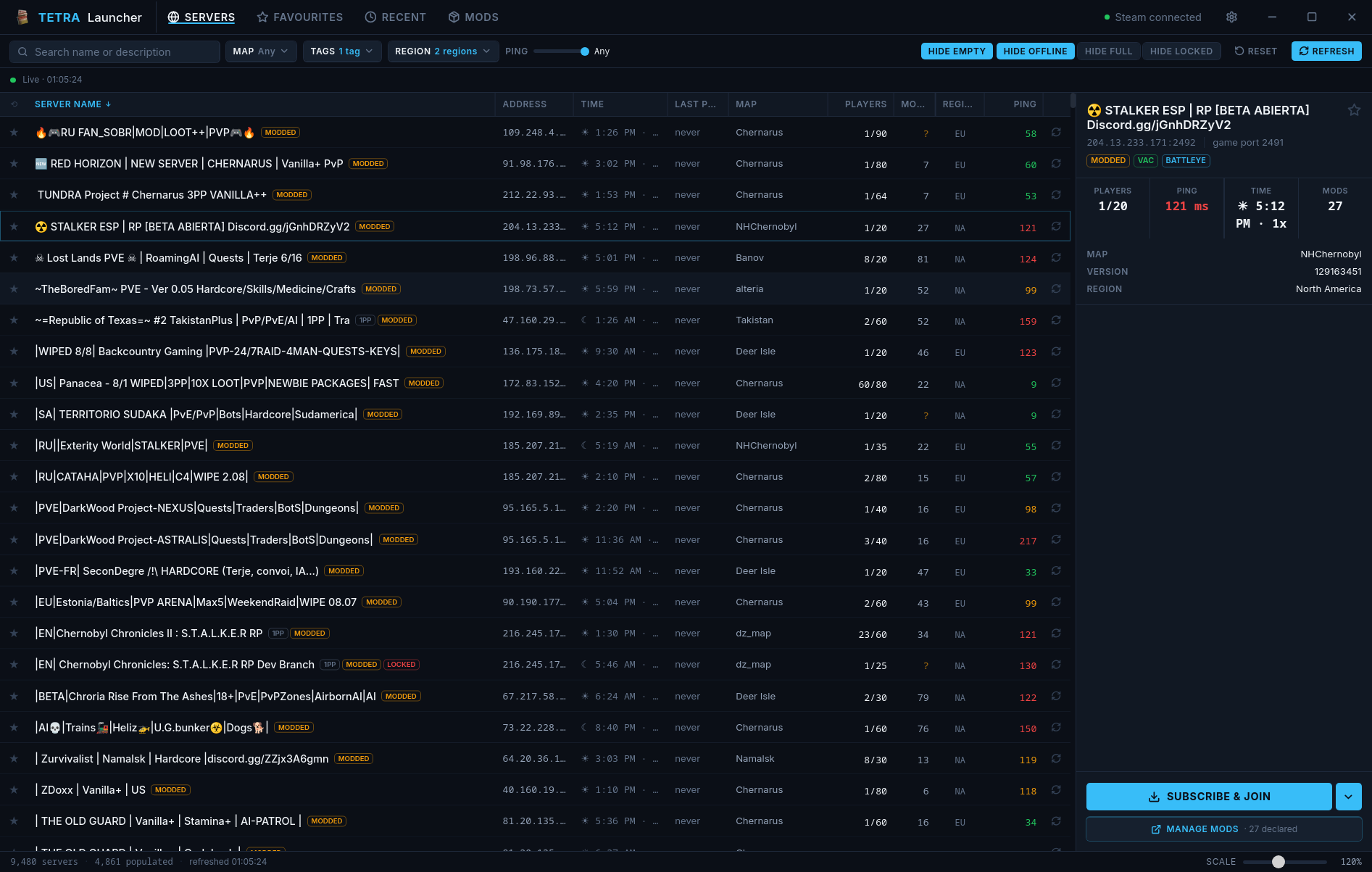 Tetra Launcher's server browser, showing a filtered list of DayZ servers with a selected server's details panel open